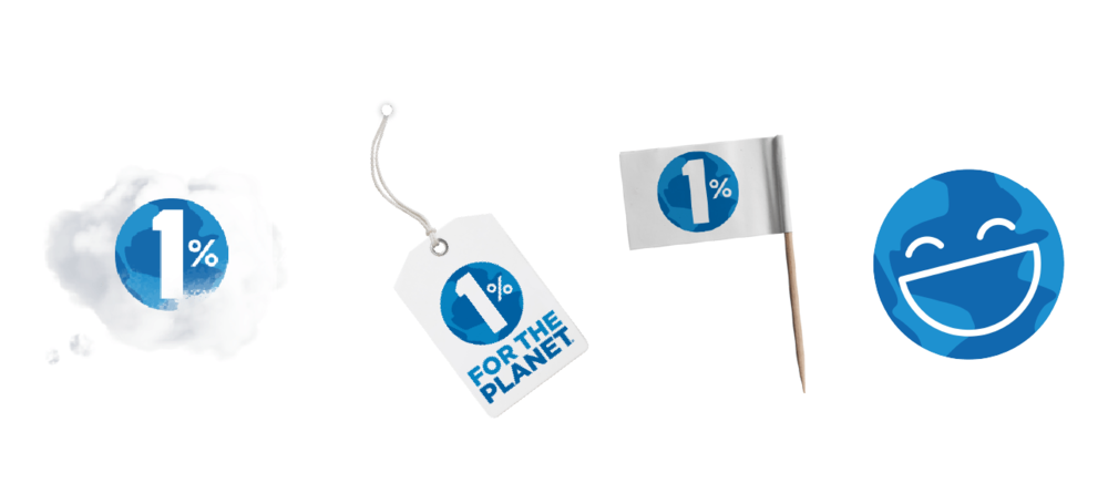 1% for the Planet Tagging Assets, logo on cloud, tag, flag, and smiling Earth asset